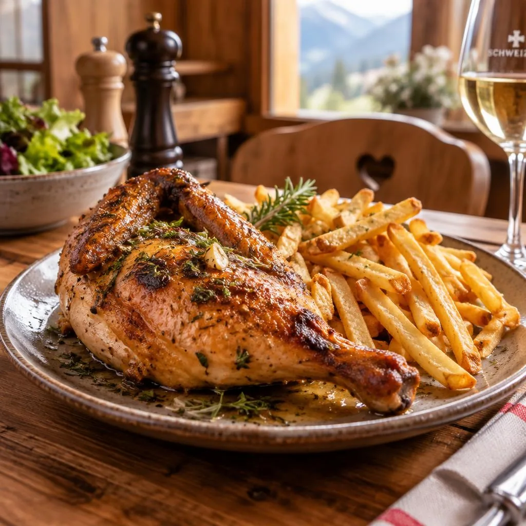 Half roast chicken in the Chlärbli with fries